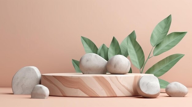 Wood podium with green leaves and natural stones Background for cosmetic products of natural color Generative Ai