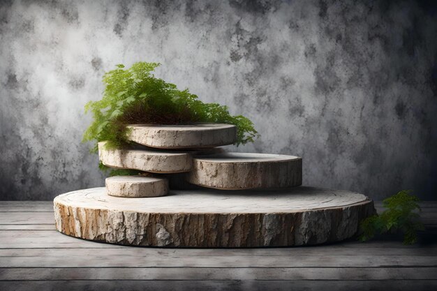 Wood podium with plant and grey wall