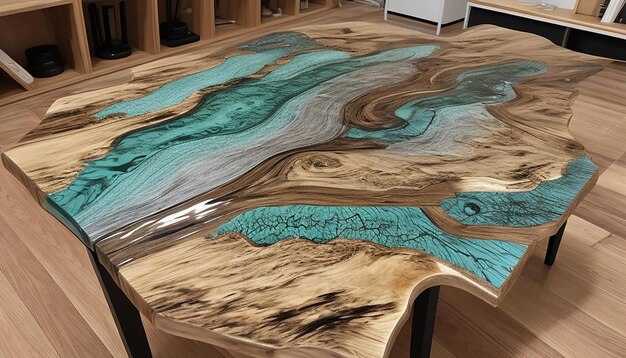 Photo wood and resin table concept