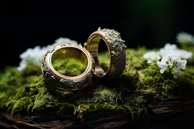 Photo wood rings on moss with flowers on