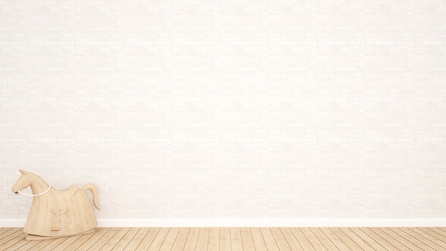 Wood rocking Horse and white stone wall decoration