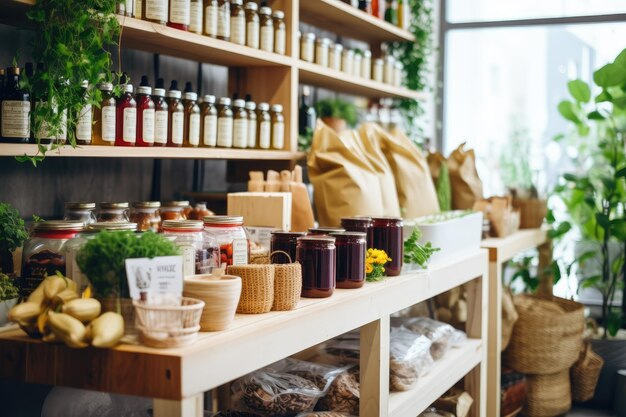 Wood shelves stocked with plastic free food and personal care items create an eco friendly shopping