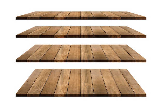 Wood shelves table top collection isolated on white background Clipping path include in this image