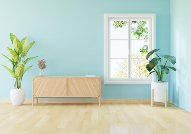 Wood sideboard in blue living room for mockup