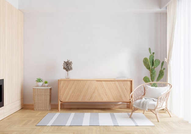 Wood sideboard and chair in living room interior with copy space