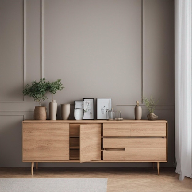 Wood sideboard in living room interior with copy space ai generated