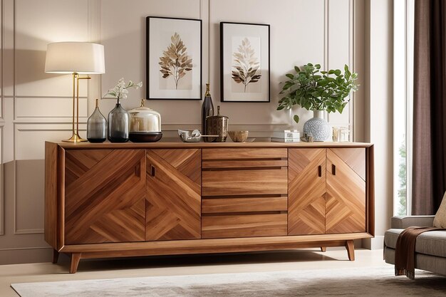 Wood sideboard in living room interior with copy space