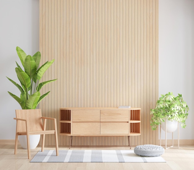 Wood sideboard in living room interior with copy space