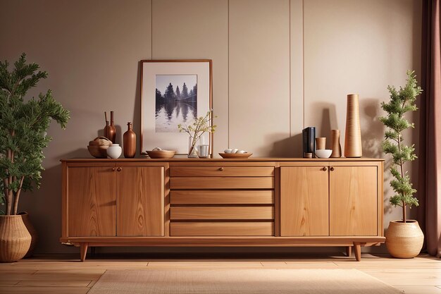 Wood sideboard in living room interior with copy space