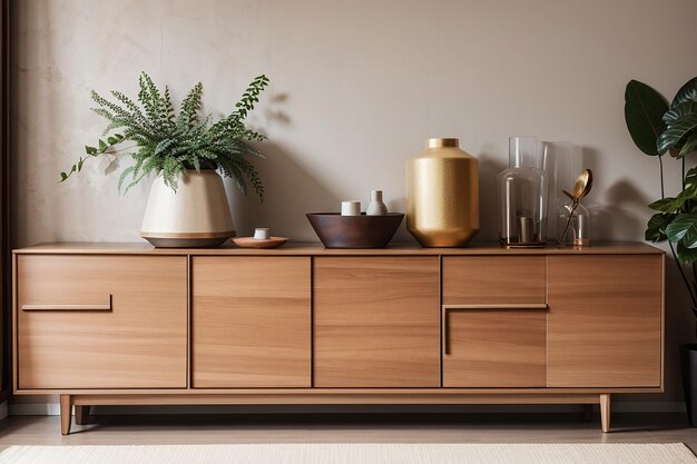 Wood sideboard in living room interior with copy space