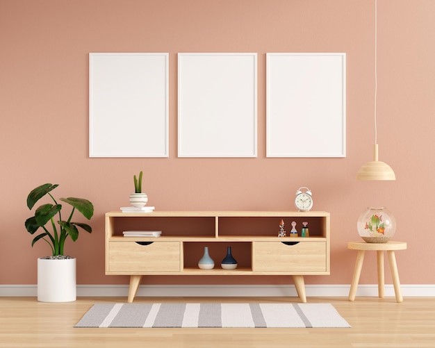 Wood sideboard in living room with frame mock up