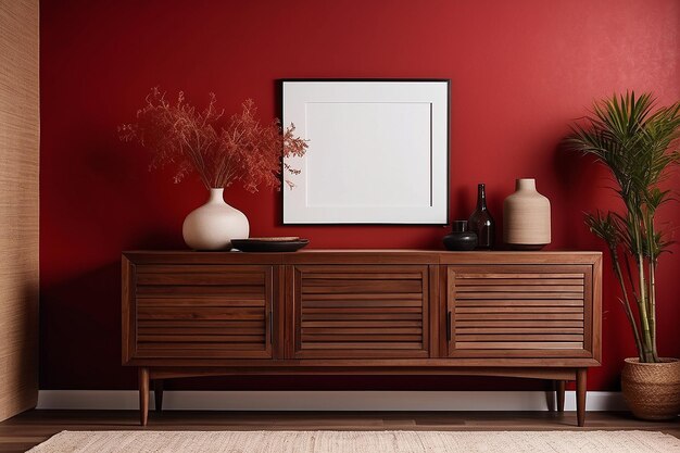 Wood sideboard in red living room with copy space