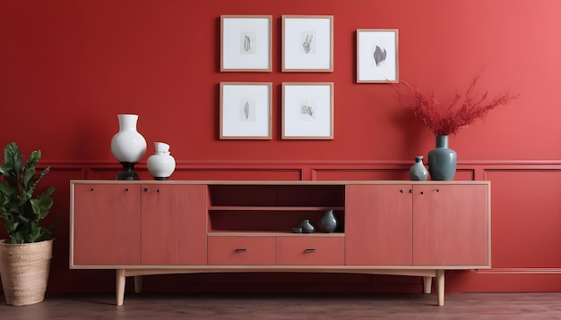 Photo wood sideboard in red living room with copy space