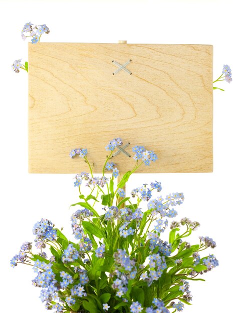 Wood Sign with Flowers empty board for your text isolated on a white