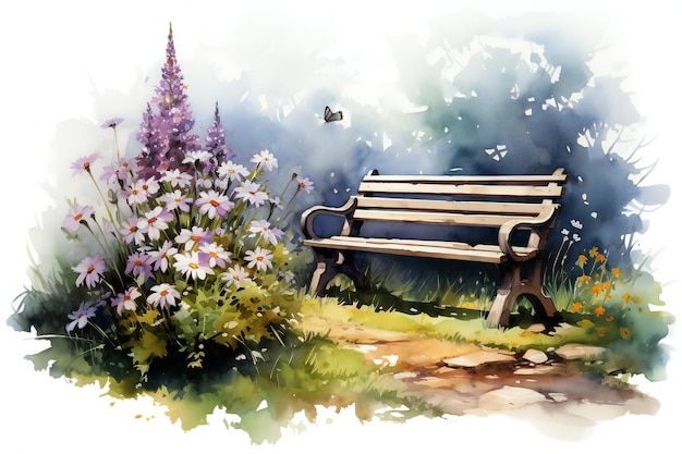 wood spring bench watercolor