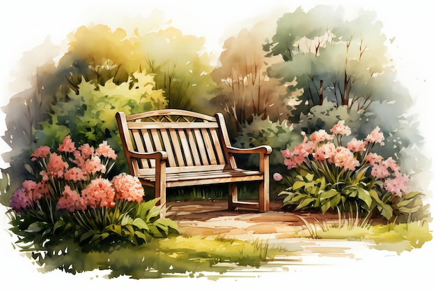 wood spring bench watercolor