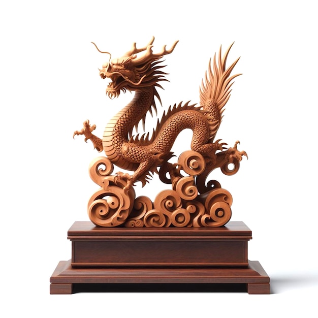 Деревянная статуя дракона стоит на подиуме