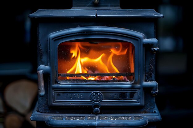 a wood stove with a fire burning inside