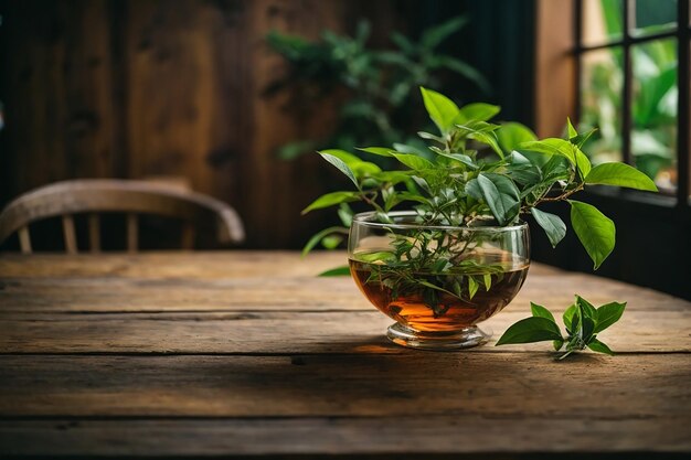 Wood table background tea plant