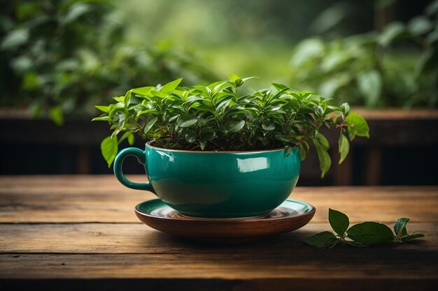 Wood table background tea plant