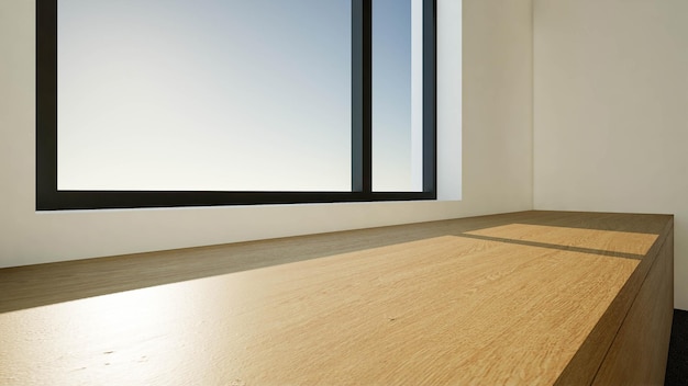 Wood table background with sunlight window 3d render