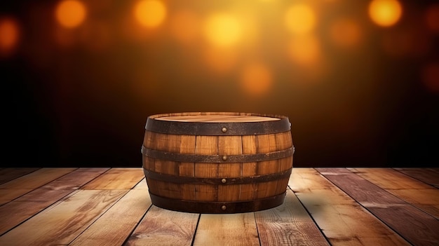 Photo wood table beer barrel blur wallpaper background for alcohol drink poster design generative ai