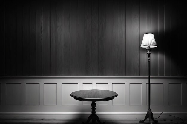 Wood table and a black wall serve as a backdrop