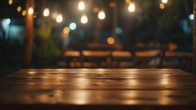 Wood table on blur bokeh cafe or restaurant backgroundin night For product display t Generative AI