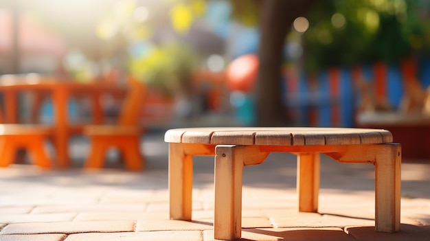 wood table and blur image of children playground