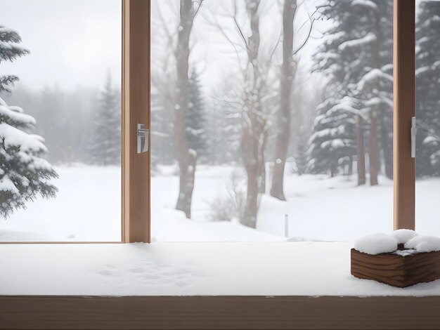 Wood table and blur window forest nature background