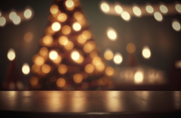 Wood Table on Blurred Christmas Tree Background Festive Mockup Dark Wood Table Top Generative AI Illustration