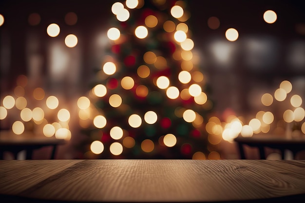Wood Table on Blurred Christmas Tree Background Festive Mockup Dark Wood Table Top Generative AI Illustration
