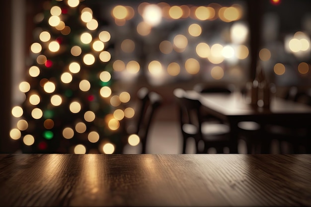 ぼやけたクリスマス ツリーの背景の木のテーブルお祝いのモックアップダークウッド テーブル トップ ジェネレーティブ AI イラスト