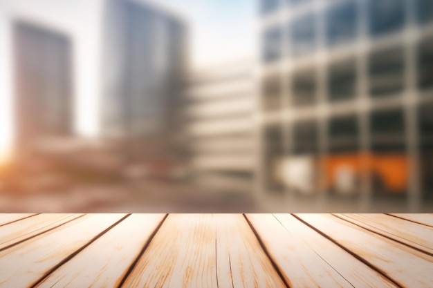 Wood Table On Blurred of Office Building