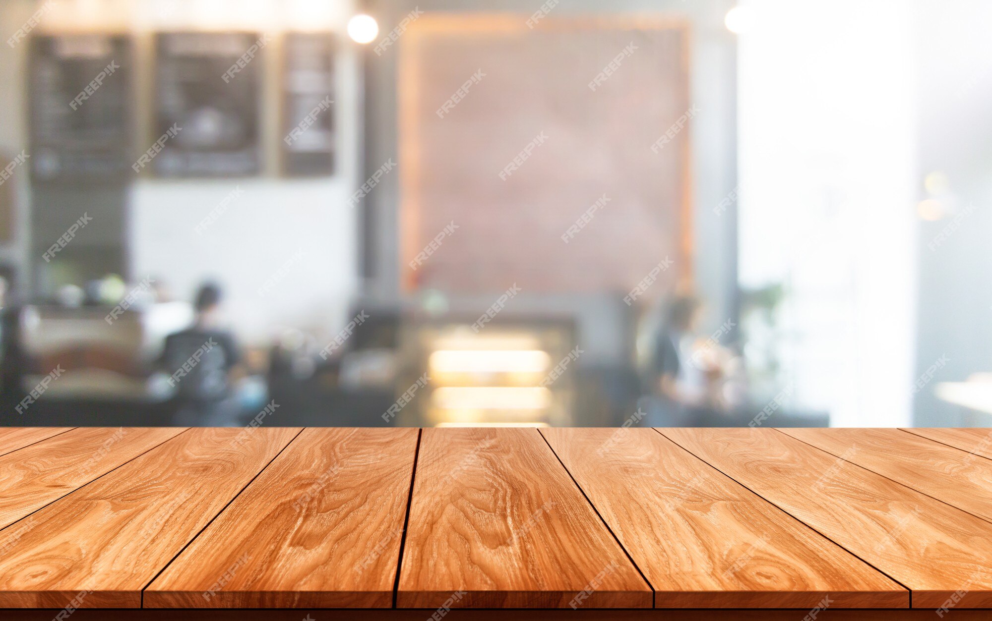 Premium Photo | Wood table in blurry background of modern restaurant room  or coffee shop for product display mockup.