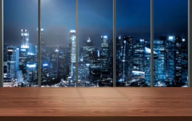 Wood table in city center modern office background