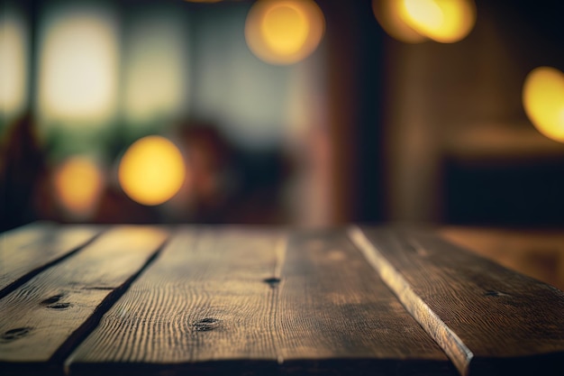 Wood table in closeup with blurry backdrop