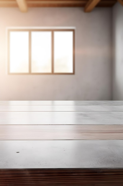 wood table empty room with window