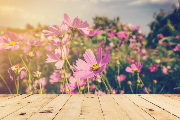 wood table and field cosmos with sunlight. vintage tone photo.