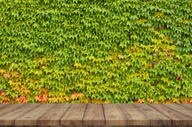 Wood table in front of leafs wall blur background with empty copy space for product