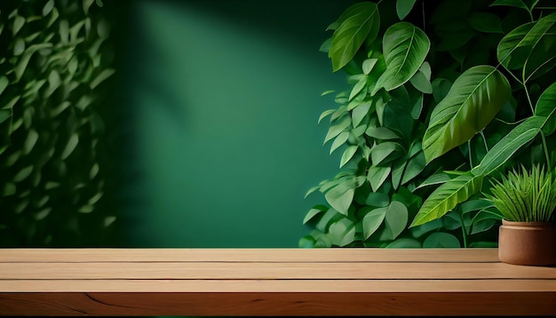 Wood table green wall background with sunlight window create leaf shadow on wall with blur indoor green plant foreground