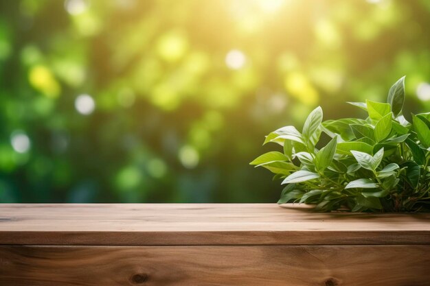 Wood table green wall background with sunlight window create leaf shadow on wall