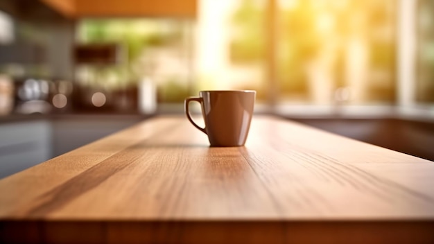 Wood table kitchen top with a cup of coffee morning sunlight Generative AI