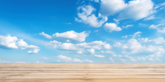 Wood table mockup with cloudy sky background Empty copy space for product presentation Generative AI