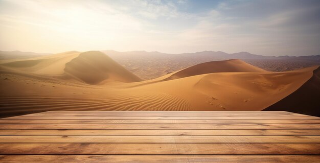 Wood table mockup with desert on background Empty copy space for product presentation Generative AI