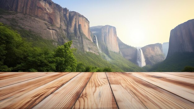 Wood table mockup with high mountains on background Empty copy space for presentation Generative AI