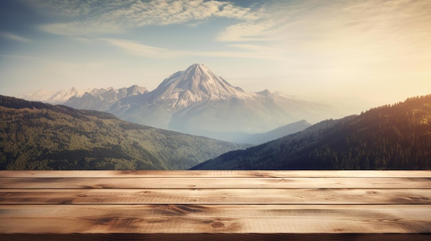 Mockup di tavolo in legno con alte montagne sullo sfondo spazio di copia vuoto per la presentazione ia generativa