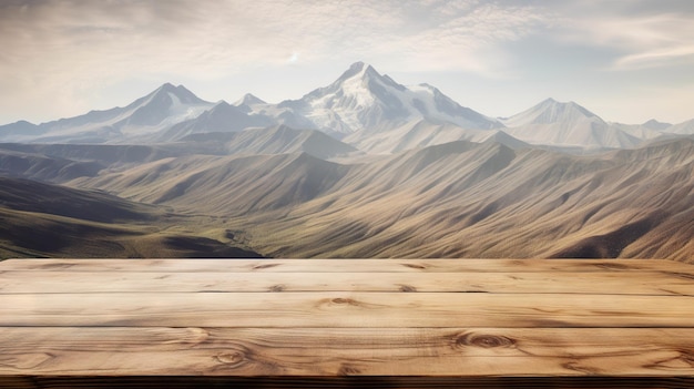 Wood table mockup with high mountains on background Empty copy space for presentation Generative AI