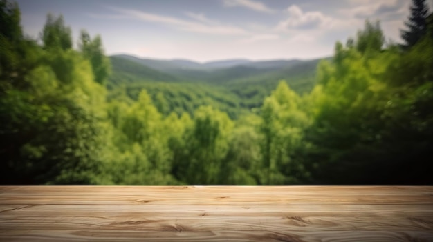 Wood table mockup with scenic green forest on background Empty space for presentation Generative AI