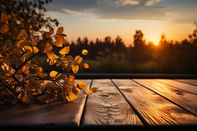 Photo a wood table tabletop product display with a golden autumn sunset sky and leaf background for seaso